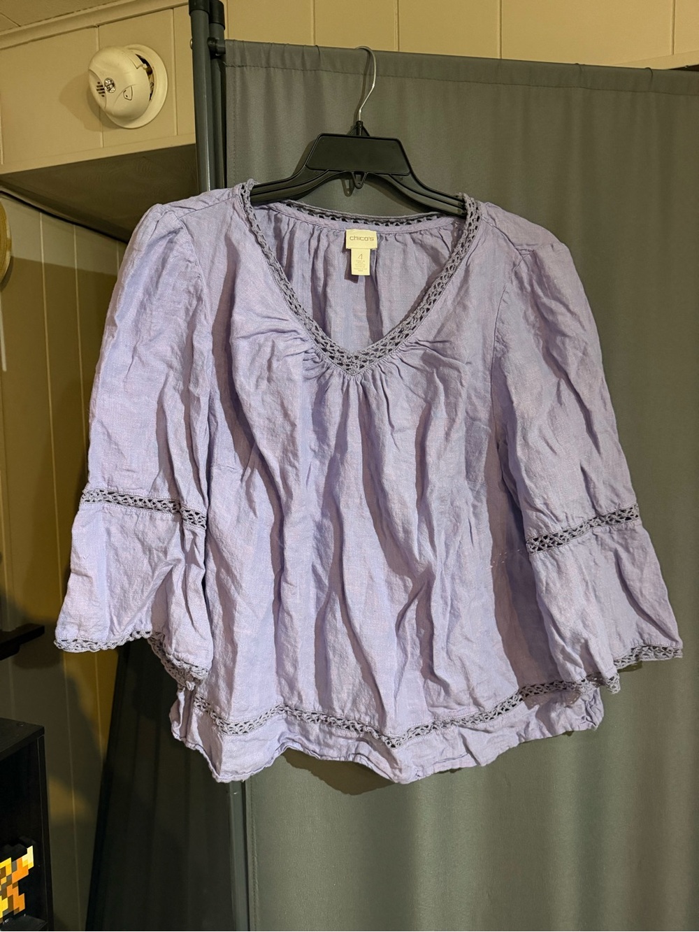 Chico's Lavender Peasant Blouse with Crochet Trim